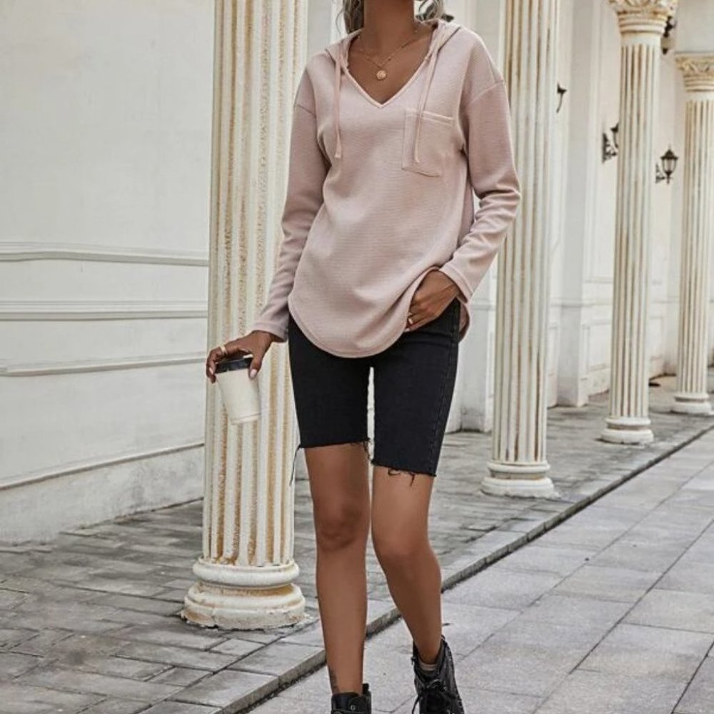 Comfy Curved Hem Drop Shoulder Drawstring Hoodie Top light apricot blush - Picture 8 of 8